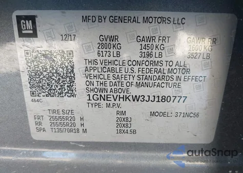 2018 Chevrolet Traverse 3Lt z USA, uszkodzony, nr VIN 1GNEVHKW3JJ180777